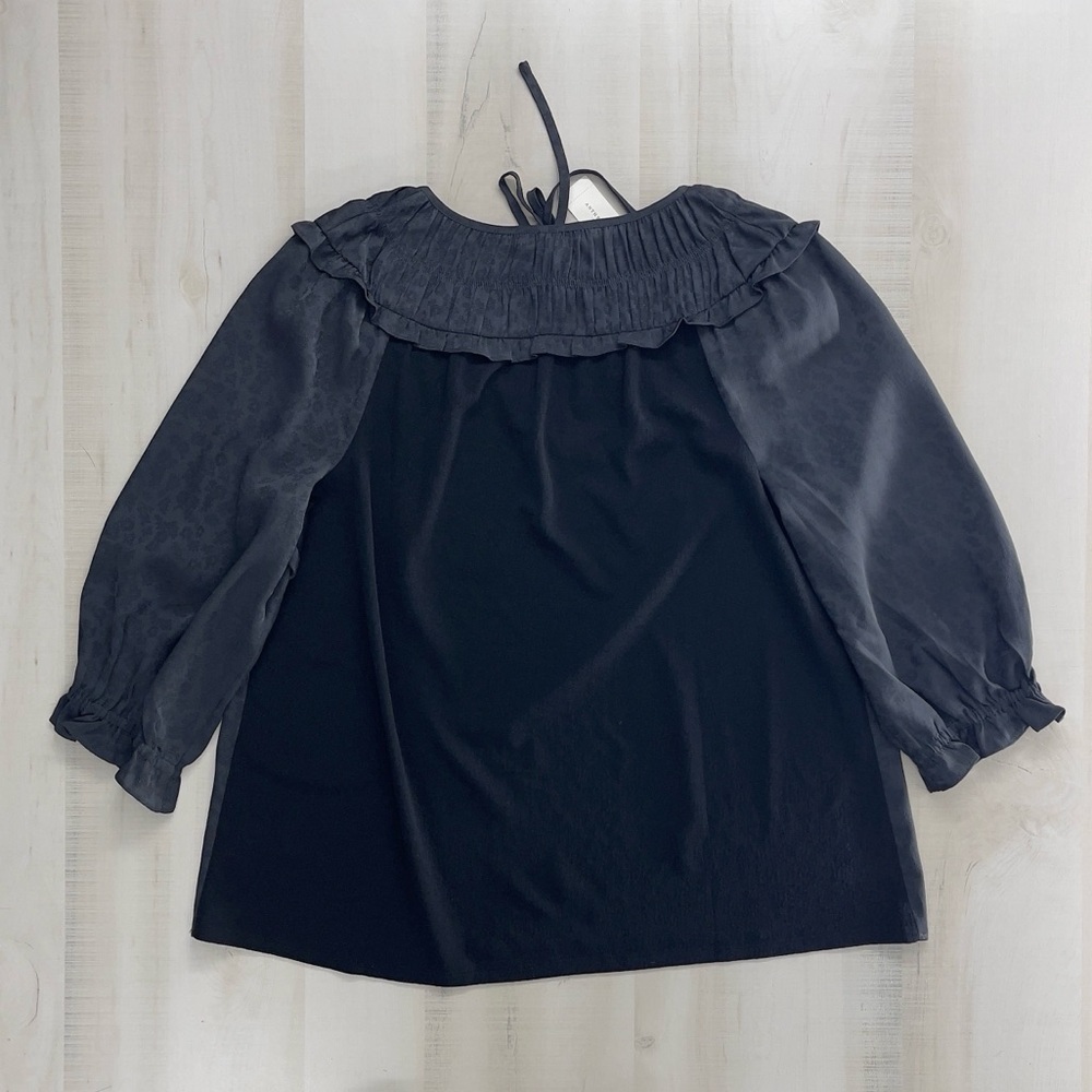 nwt ANTHROPOLOGIE x current air ruffle green silky peasant top blouse floral M - Picture 3 of 4